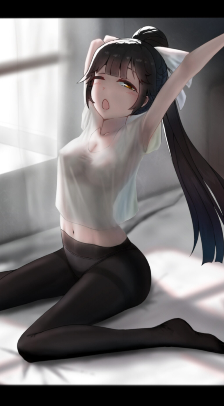 1girl arched_back armpits arms_behind_head arms_up azur_lane backlighting bangs bed bed_sheet bedroom black_hair black_legwear blush bow breasts brown_eyes chestnut_mouth cleavage collarbone commentary_request covered_nipples curtains d; day dot_nose hair_bow hair_flaps half-closed_eye high_ponytail highres indoors letterboxed long_hair long_ponytail looking_at_viewer medium_breasts navel no_shoes on_bed one_eye_closed open_mouth panties panties_under_pantyhose pantyhose ponytail raised_eyebrows see-through_silhouette shirt short_sleeves sitting sitting_on_bed solo stomach stretch sunlight t-shirt takao_(azur_lane) taut_clothes taut_shirt thighband_pantyhose underwear very_long_hair wariza white_bow white_panties white_shirt window yawning yuritopia