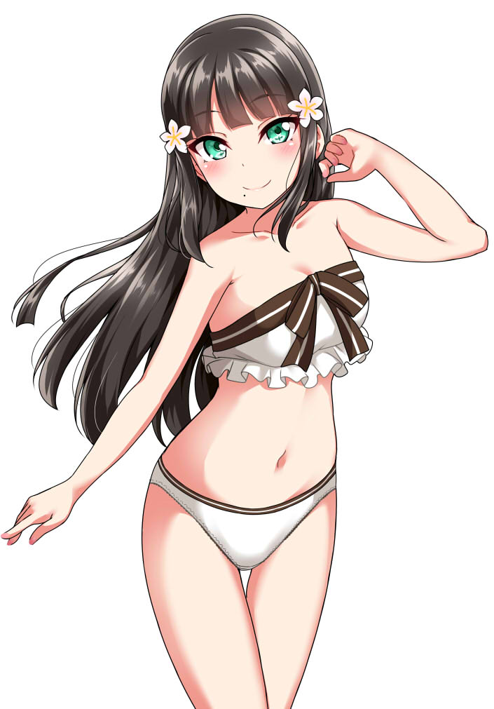 1girl adapted_costume bangs black_hair blush bra breasts cleavage collarbone commentary_request cowboy_shot eyebrows_visible_through_hair flower frilled_bra frills green_eyes hair_flower hair_ornament hand_up kurosawa_dia long_hair looking_at_viewer love_live! love_live!_sunshine!! midriff mole mole_under_mouth navel neck_ribbon panties ribbon simple_background small_breasts smile solo strapless strapless_bra striped striped_ribbon thigh_gap torikoriko_please!! underwear underwear_only white_background white_bra white_panties yopparai_oni