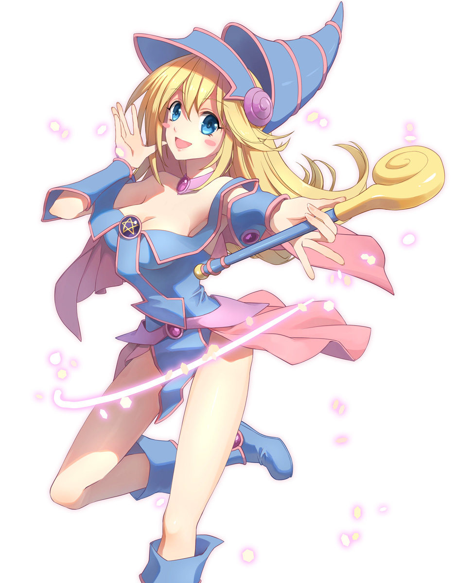 1girl bare_shoulders blonde_hair blue_eyes blue_footwear blush_stickers boots breasts chocofox choker cleavage dark_magician_girl duel_monster hat highres large_breasts long_hair magician pentacle solo staff wizard_hat yu-gi-oh! yuu-gi-ou_duel_monsters