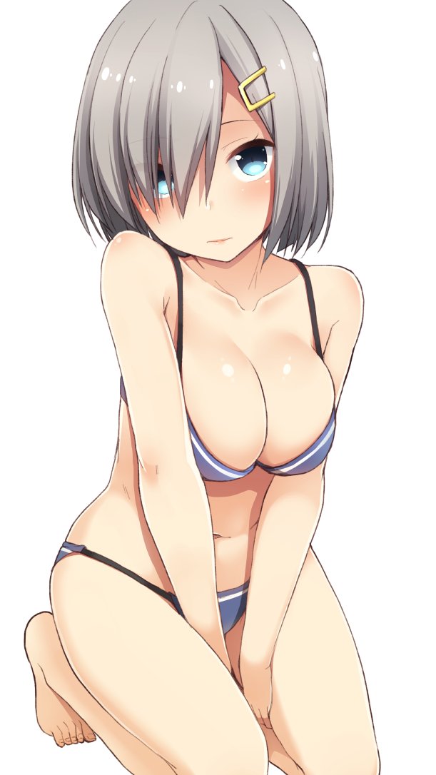 1girl bare_legs barefoot between_legs bikini blue_bikini blush breasts cleavage closed_mouth collarbone hair_ornament hair_over_one_eye hairclip hamakaze_(kantai_collection) hand_between_legs head_tilt kantai_collection kneeling large_breasts looking_at_viewer nagami_yuu navel short_hair silver_hair simple_background solo swimsuit white_background