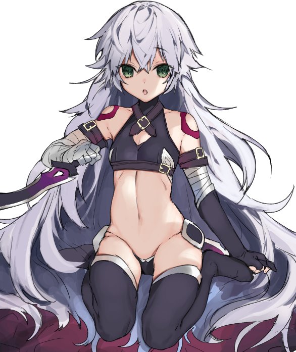 1girl bandage bandaged_arm boots detached_sleeves eyes_visible_through_hair fate/apocrypha fate_(series) flat_chest green_eyes grey_hair hair_between_eyes hanakeda_(hanada_shiwo) hips jack_the_ripper_(fate/apocrypha) kneehighs long_hair navel sitting solo thigh-highs thigh_boots thighs very_long_hair wariza white_background