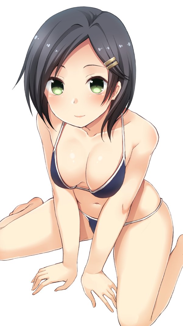 1girl arm_support bangs barefoot between_legs bikini black_hair blue_bikini blush breasts cleavage collarbone green_eyes hair_ornament hairclip hand_between_legs kantai_collection kuroshio_(kantai_collection) leaning_forward looking_at_viewer medium_breasts nagami_yuu navel parted_bangs short_hair simple_background sitting skindentation smile solo string_bikini swimsuit wariza white_background