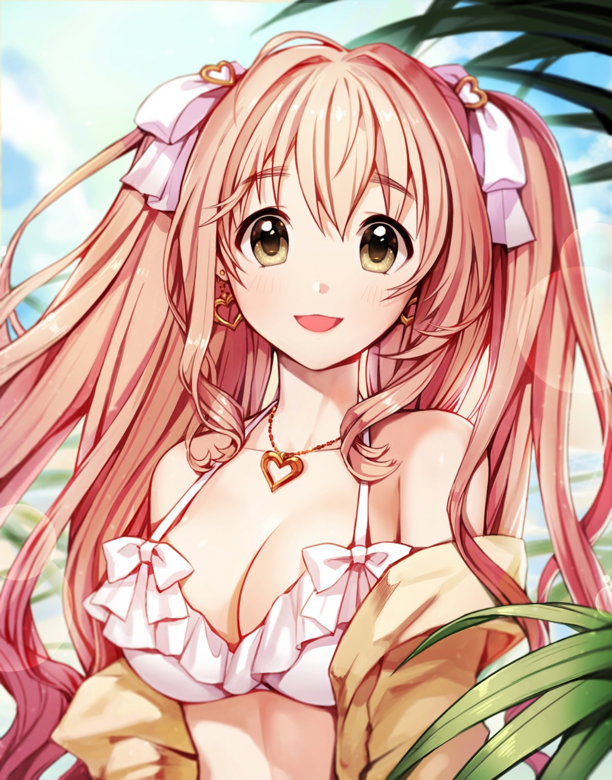 1girl bare_shoulders beach bikini blurry blush bokeh bow breasts brown_eyes cleavage collarbone commentary_request depth_of_field earrings eyebrows_visible_through_hair frilled_bikini frills hair_ornament hair_ribbon halterneck heart heart_earrings heart_hair_ornament heart_necklace highres idolmaster idolmaster_cinderella_girls jacket jewelry korean_commentary large_breasts long_hair looking_at_viewer off_shoulder open_mouth outdoors pink_hair pinkiepies2 plant ribbon saionji_kotoka sky smile solo sunlight swimsuit twintails upper_body water white_bikini white_ribbon