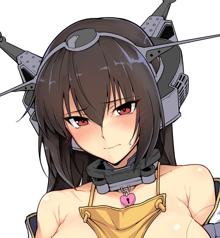1girl apron arm_warmers bare_shoulders between_breasts black_hair blush breasts cleavage closed_mouth collar collarbone embarrassed eyebrows_visible_through_hair hair_between_eyes harukon_(halcon) headgear heart_lock_(kantai_collection) kantai_collection large_breasts lips long_hair looking_at_viewer nagato_(kantai_collection) red_eyes simple_background solo upper_body white_background work_in_progress yellow_apron