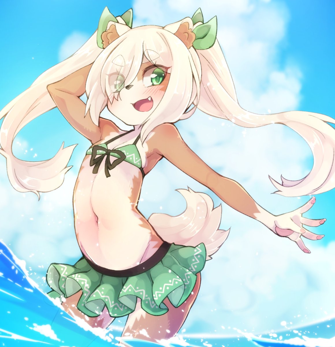 1girl animal_ears arm_behind_head arm_up bikini bikini_skirt blonde_hair clouds dog_ears dog_tail fang flat_chest furry green_bikini green_eyes green_swimsuit highres long_hair navel open_mouth original outdoors outstretched_arm pose ribbon sky smile solo swimsuit tail twintails wading water yuuki_(yuyuki000)