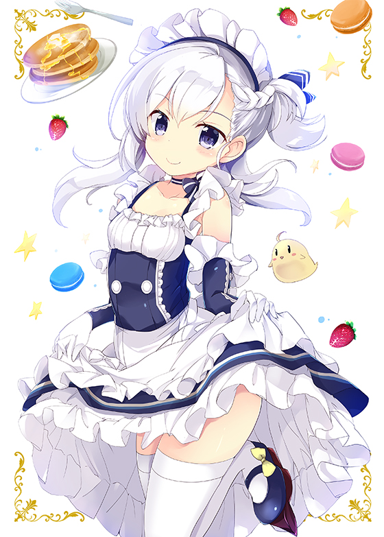 1girl animal apron azur_lane bangs bare_shoulders belfast_(azur_lane) bird black_footwear black_ribbon blue_dress blush braid breasts butter closed_mouth collarbone commentary_request dress eyebrows_visible_through_hair food fork fruit gloves hair_between_eyes hair_ribbon head_tilt long_hair looking_at_viewer macaron maid_headdress maruchan. one_side_up pancake plate ribbon shoes silver_hair skirt_hold sleeveless sleeveless_dress small_breasts smile solo stack_of_pancakes standing standing_on_one_leg star strawberry syrup thigh-highs violet_eyes waist_apron white_apron white_background white_gloves white_legwear younger