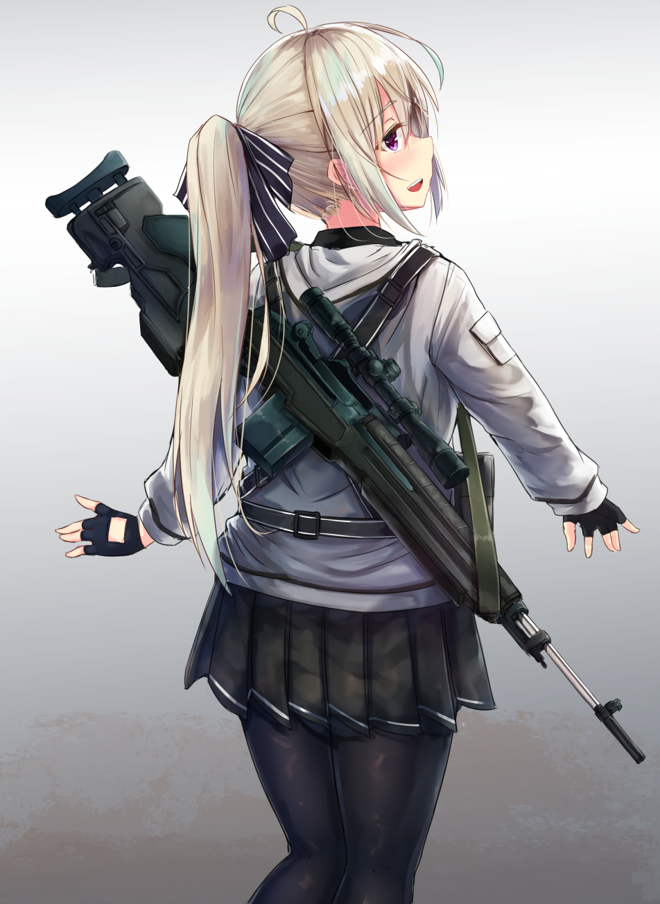 1girl :d ahoge ass bangs black_legwear black_skirt blonde_hair commentary_request eyebrows_visible_through_hair feet_out_of_frame fingerless_gloves from_behind gloves gradient gradient_background gun hair_ribbon highres jacket karo-chan long_hair long_sleeves looking_at_viewer looking_back military open_mouth original pantyhose pleated_skirt ponytail ribbon rifle scope skirt smile sniper_rifle solo standing teeth violet_eyes weapon weapon_on_back weapon_request