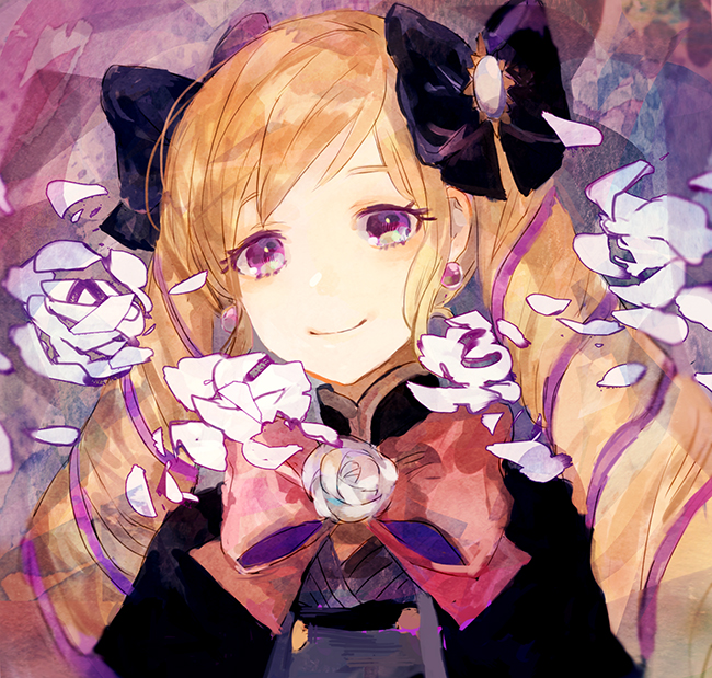 1girl blonde_hair bow drill_hair elise_(fire_emblem_if) fire_emblem fire_emblem_if flower hair_bow looking_at_viewer petals rose rose_petals smile solo traditional_media twin_drills violet_eyes watercolor_(medium)
