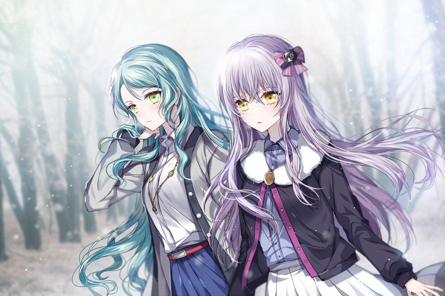 2girls aqua_hair bang_dream! bangs bare_tree belt black_jacket blue_shirt blue_skirt bow collared_shirt fur-trimmed_jacket fur_trim green_eyes grey_hair grey_jacket hair_between_eyes hair_bow hand_in_hair hikawa_sayo jacket jewelry long_hair long_sleeves minato_yukina multiple_girls necklace nennen shirt skirt snowing striped striped_bow tree violet_eyes white_shirt white_skirt winter_gloves yellow_eyes