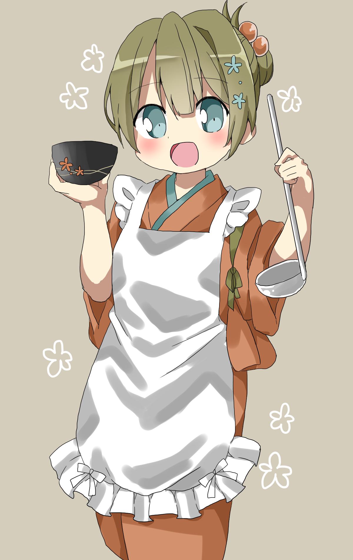 1girl :d apron bangs blue_eyes blush bowl brown_background brown_hair brown_kimono commentary_request eyebrows_visible_through_hair frilled_apron frills hair_between_eyes hair_bobbles hair_ornament hamada_pengin hands_up highres holding holding_bowl japanese_clothes kimono ladle maid_apron open_mouth original single_hair_intake sleeves_pushed_up smile solo wa_maid white_apron wide_sleeves