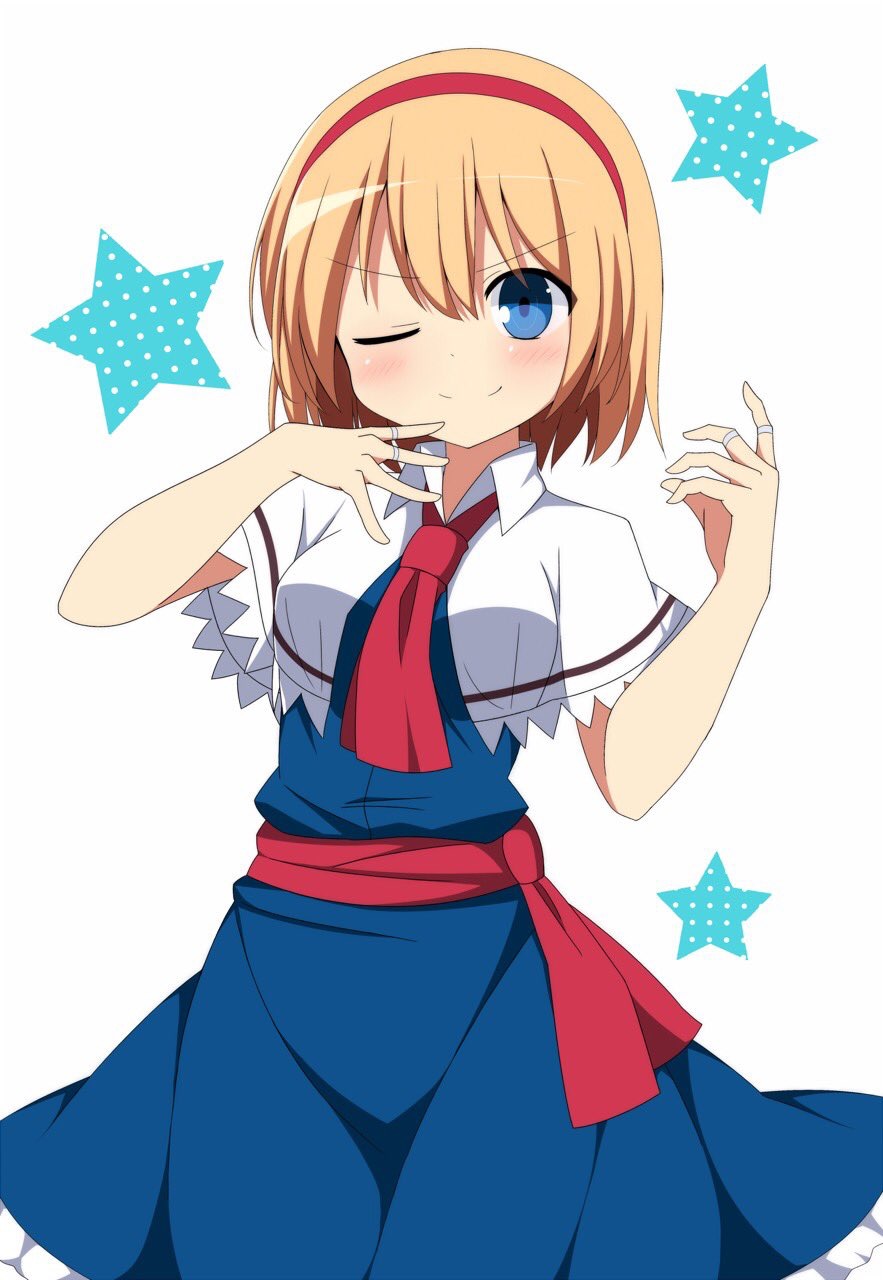 &gt;:) 1girl ;) alice_margatroid blonde_hair blue_dress blue_eyes blush breasts capelet commentary_request cowboy_shot dress enushi_(toho193) eyebrows_visible_through_hair hair_between_eyes hairband hands_up highres jewelry medium_breasts one_eye_closed petticoat red_hairband red_neckwear red_sash ring sash short_hair simple_background smile solo standing star touhou v-shaped_eyebrows white_capelet wing_collar