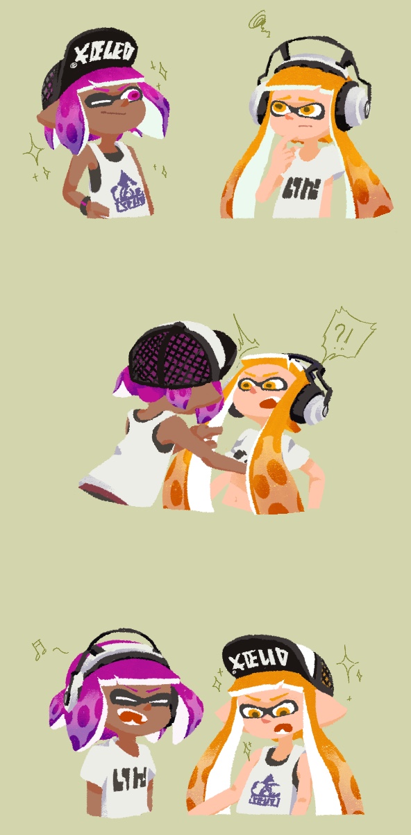 !? /\/\/\ 2girls beamed_sixteenth_notes closed_eyes comic commentary_request dark_skin domino_mask fangs frown hand_on_hip hand_on_own_chin hat headphones highres inkling inkling_(language) lifted_by_another looking_down mask mori_no_ji multiple_girls musical_note one_eye_closed orange_eyes orange_hair pink_eyes pink_hair shirt simple_background smile splatoon spoken_interrobang surprised tank_top tentacle_hair undershirt white_shirt white_tank_top wristband