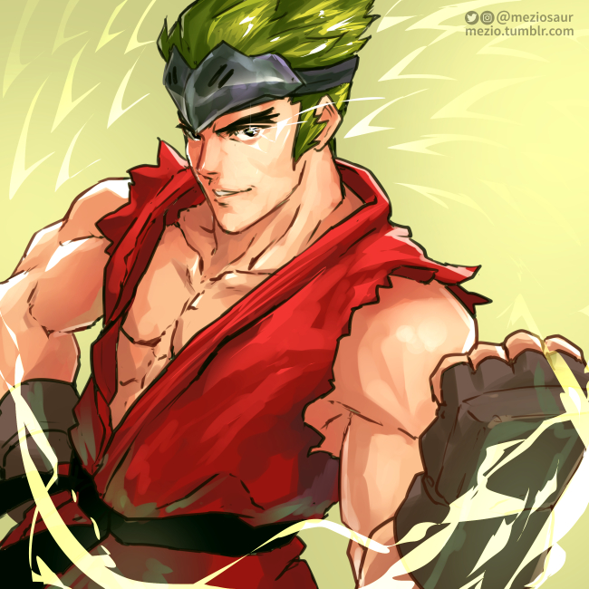 1boy aura clenched_hand cosplay dougi fingerless_gloves forehead_protector genji_(overwatch) gloves green_hair ken_masters ken_masters_(cosplay) moize_opel muscle overwatch short_hair solo sparrow_genji street_fighter younger