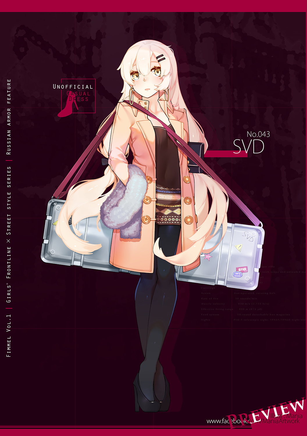 1girl alternate_costume artist_name bag bangs black_footwear black_legwear blush breasts casual character_name coat collarbone dress earrings full_body girls_frontline hair_between_eyes hair_ornament hairclip handbag hands_in_pockets head_tilt high_heels highres jewelry legs_crossed long_hair looking_at_viewer mania_(fd6060_60) medium_breasts open_mouth pantyhose scarf sidelocks silver_hair solo standing strap svd_(girls_frontline) weapon_case