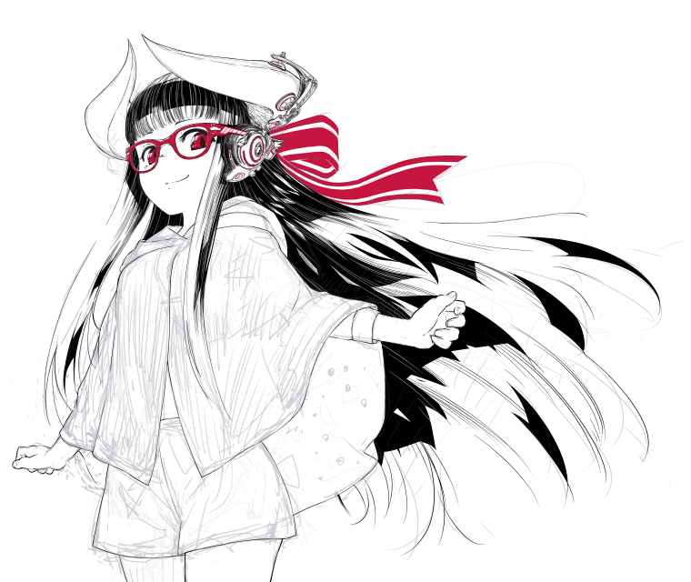 bangs blunt_bangs closed_mouth commentary_request cowboy_shot floating_hair glasses hair_ribbon headphones horned_girl_(jaco) horns jaco long_hair long_sleeves looking_at_viewer original poncho red_eyes ribbon simple_background sketch smile spot_color standing unfinished very_long_hair white_background