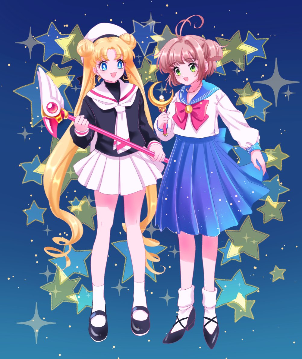 2girls bishoujo_senshi_sailor_moon black_shirt blonde_hair blue_background blue_eyes blue_sailor_collar blue_skirt bow brown_hair card_captor_sakura cosplay costume_switch double_bun full_body fuuin_no_tsue green_eyes hat juuban_middle_school_uniform kinomoto_sakura kinomoto_sakura_(cosplay) kisumi_rei magical_girl moon_stick multiple_girls pleated_skirt red_bow sailor_collar sailor_hat school_uniform serafuku shirt short_hair skirt standing star starry_background tomoeda_elementary_school_uniform tsukino_usagi tsukino_usagi_(cosplay) twintails white_sailor_collar white_skirt