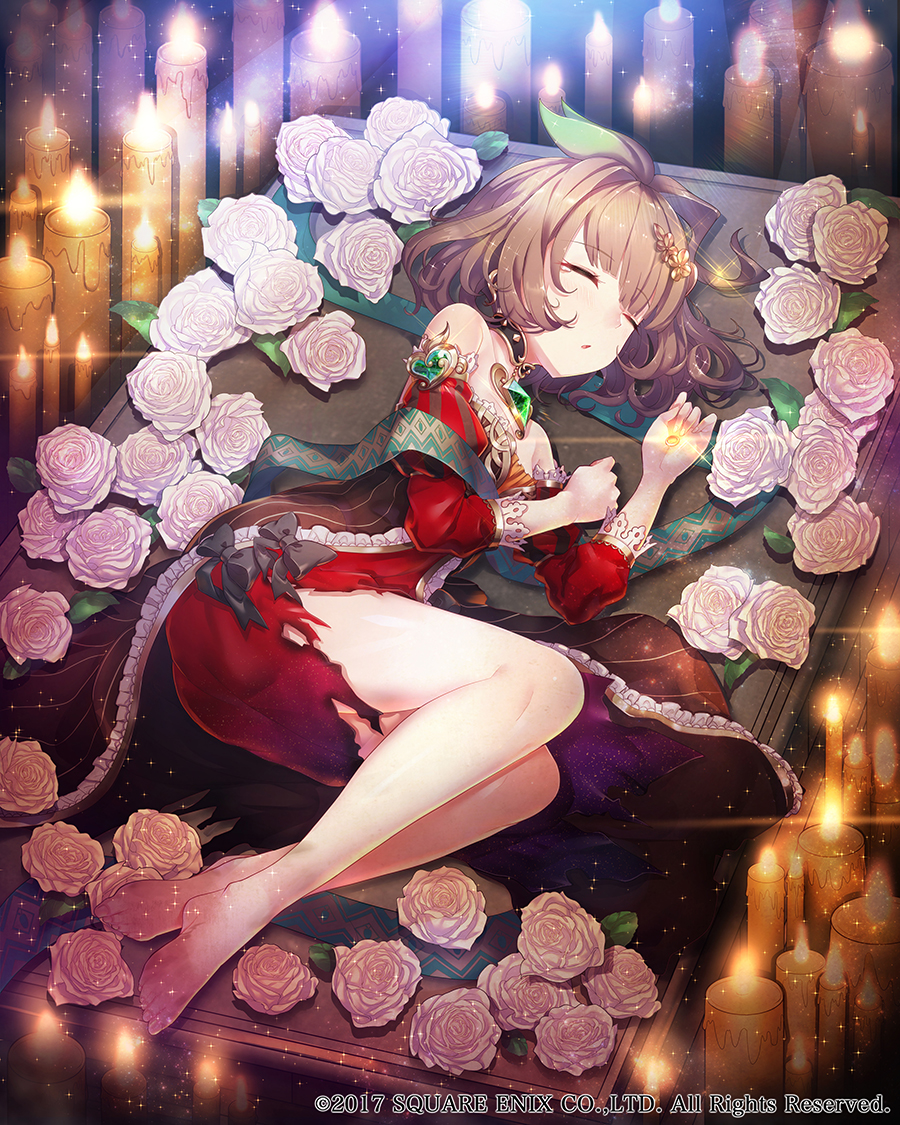 1girl bare_shoulders barefoot bow brown_hair candle copyright_request detached_sleeves dress flower glint hair_bow hair_ornament indoors jewelry lying medium_hair official_art on_side puffy_sleeves red_dress sleeping toshi_gahara venus_rumble watermark
