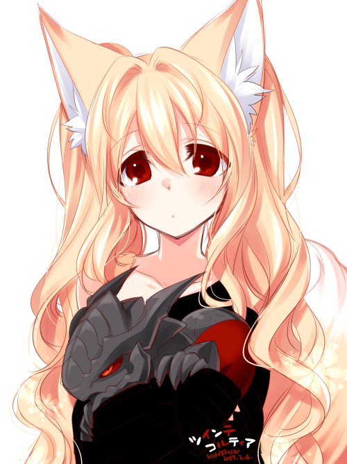 1girl animal_ears black_shirt blonde_hair commentary_request copyright_request creature dated dragon fox_ears hair_between_eyes hair_intakes konshin long_hair long_sleeves looking_at_viewer original parted_lips red_eyes shirt signature simple_background sleeves_past_wrists solo twintails upper_body very_long_hair white_background