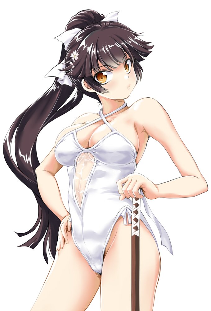 1girl azur_lane bangs bare_arms bare_shoulders black_hair bow breasts chiaki_tarou cleavage collarbone cowboy_shot eyebrows eyebrows_visible_through_hair eyelashes fingernails flower hair_bow hair_flower hair_ornament hand_on_hip high_ponytail highleg highleg_swimsuit large_breasts legs_apart long_hair one-piece_swimsuit orange_eyes simple_background solo standing swimsuit takao_(azur_lane) very_long_hair white_background white_bow white_flower white_swimsuit
