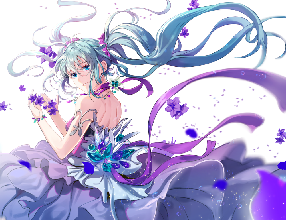 1girl blue_eyes blue_hair bracelet choker ddaomphyo dress eyebrows_visible_through_hair floating_hair flower from_behind hair_between_eyes hair_ornament hair_scrunchie hatsune_miku head_tilt jewelry long_hair looking_at_viewer looking_back parted_lips purple_dress purple_flower purple_ribbon purple_scrunchie ribbon ribbon_choker scrunchie sleevless_dress smile solo strapless strapless_dress twintails very_long_hair vocaloid white_background
