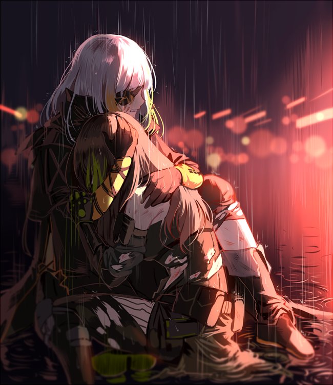 2girls arm_strap armband armor bangs blonde_hair blurry blurry_background boots braid brown_hair clothes_around_waist crying damaged digi-mind_update_(girls_frontline) eyepatch girls_frontline gloves green_hair hand_on_another's_arm head_hug jacket jacket_around_waist knee_boots knee_pads lights long_hair m16a1_(girls_frontline) m4a1_(girls_frontline) multicolored_hair multiple_girls night parted_lips pouch rain ripples scar scar_across_eye scarf silence_girl sitting spoilers streaked_hair thigh-highs thigh_strap torn_clothes wet white_hair