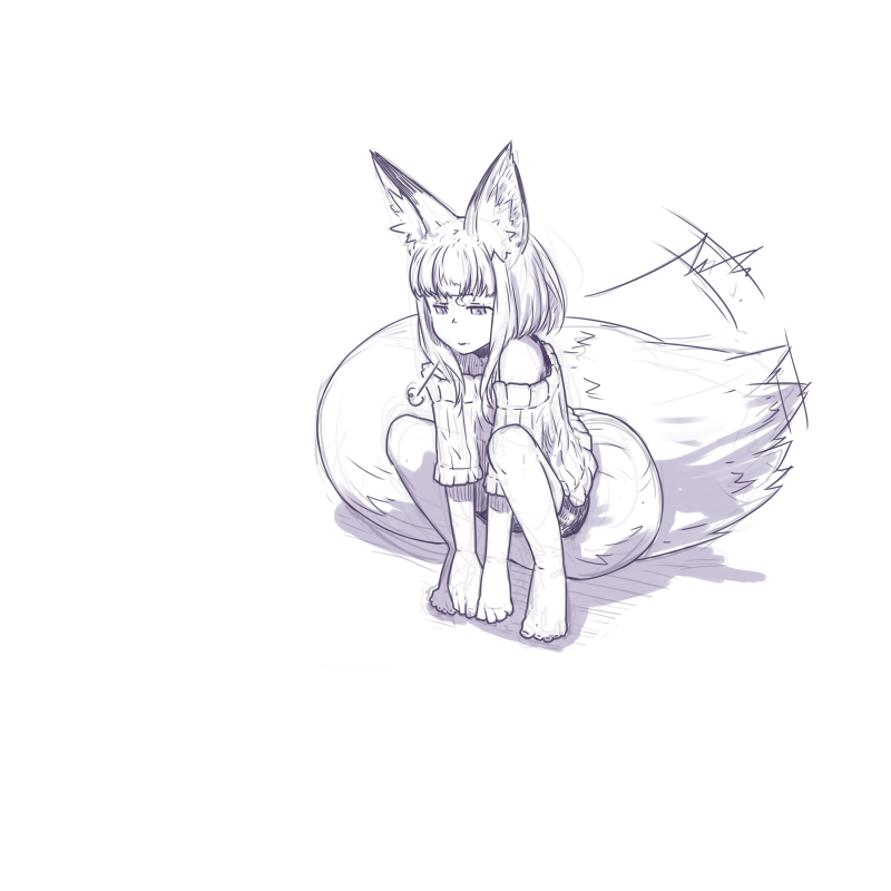 1girl =3 animal_ears bangs barefoot bike_shorts fox_ears fox_girl fox_tail full_body jaco large_tail monochrome motion_lines off-shoulder_sweater original ribbed_sweater short_hair sidelocks simple_background sketch solo squatting sweater tail tail_wagging v_arms white_background