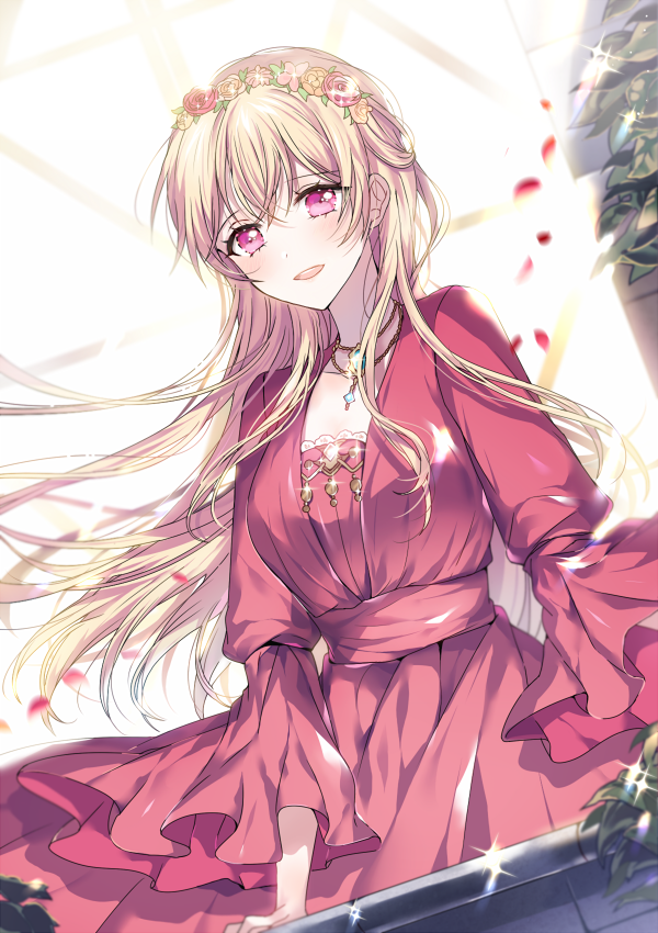 1girl bang_dream! bangs blonde_hair blush dress glint hair_blowing half_updo head_wreath jewelry long_hair long_sleeves looking_at_viewer necklace nennen open_mouth petals pink_eyes red_dress shirasagi_chisato solo sparkle wide_sleeves