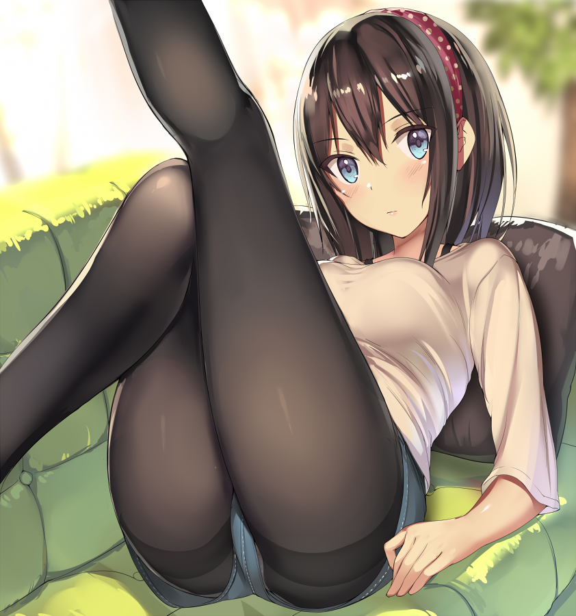 1girl ass bangs black_hair blue_eyes blurry blush breasts closed_mouth couch day denim denim_shorts depth_of_field eyebrows_visible_through_hair hair_between_eyes kureha_(ironika) legs looking_at_viewer medium_breasts on_couch original pantyhose short_shorts shorts sidelocks sleeves_past_elbows solo thighband_pantyhose thighs tsubasa_(kureha)