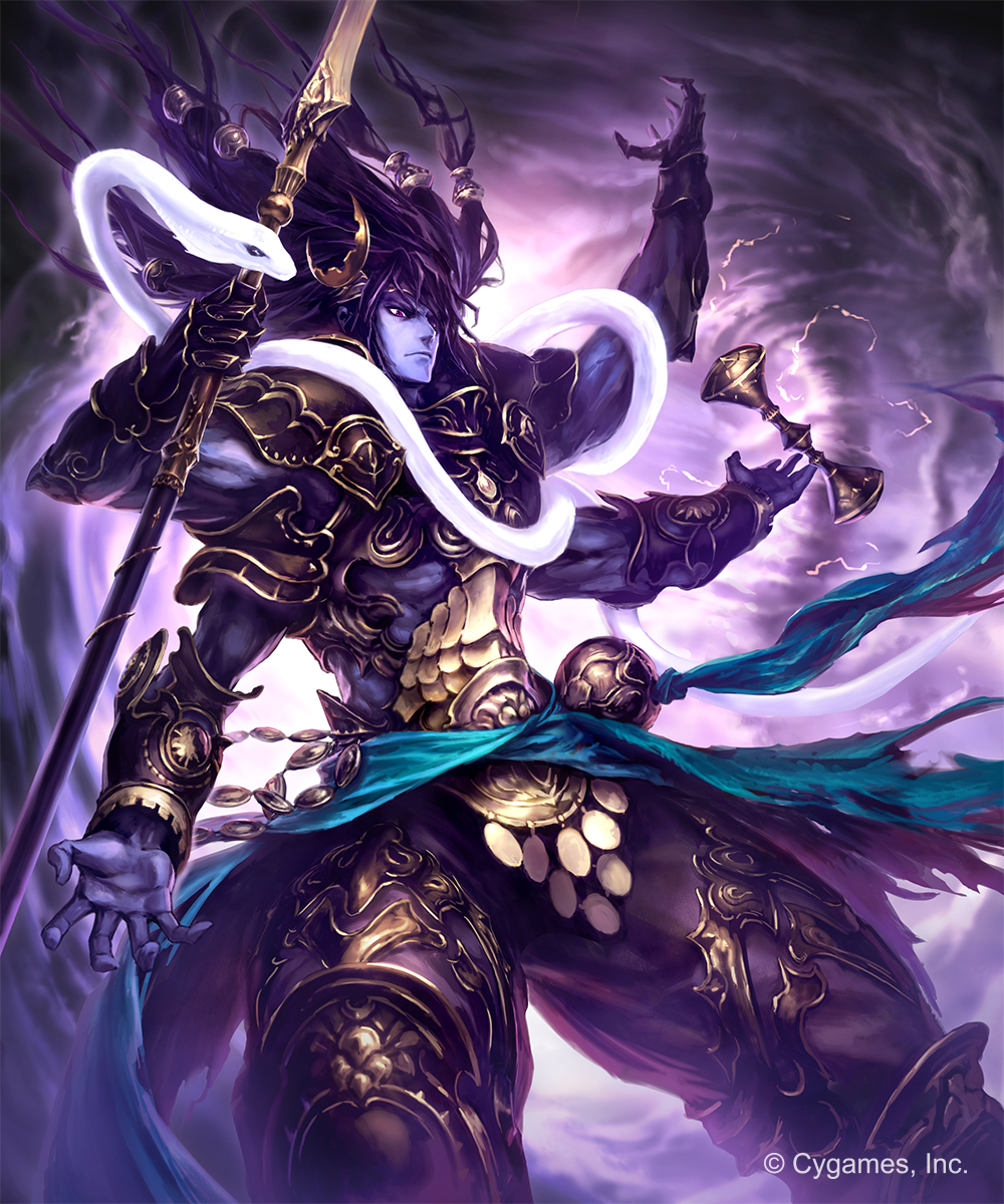 1boy armor blue_skin clouds cloudy_sky floating_hair gauntlets granblue_fantasy hair_ornament highres hisakata_souji holding holding_weapon long_hair multiple_arms night outdoors outstretched_arms polearm purple_hair sky solo spear tornado weapon