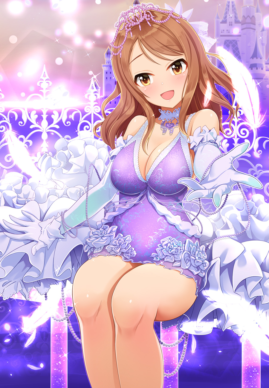 1girl blush breasts brown_eyes castle choker cleavage commentary_request dress elbow_gloves flower gloves highres houjou_karen idolmaster idolmaster_cinderella_girls kazu long_hair looking_at_viewer medium_breasts orange_hair smile solo tiara white_footwear white_gloves