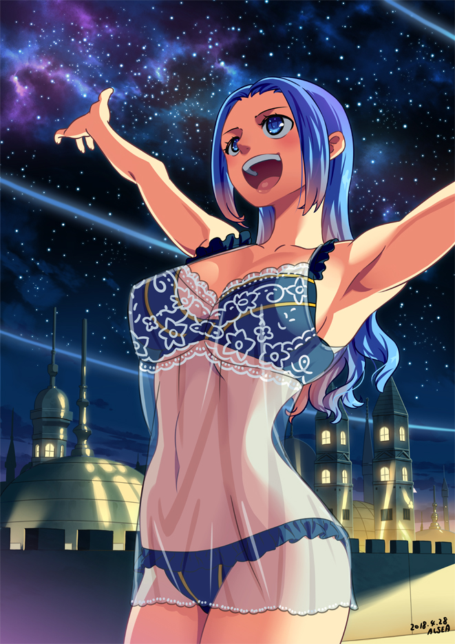 1girl :d alsea armpits arms_up artist_name blue_bra blue_eyes blue_hair blue_panties blush bra breasts cleavage cowboy_shot large_breasts long_hair looking_up nefertari_vivi night one_piece open_mouth outdoors panties see-through sideboob sky smile solo standing star_(sky) starry_sky underwear underwear_only