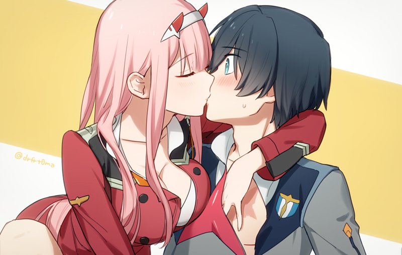 1boy 1girl black_hair blue_eyes blush breasts cleavage closed_eyes couple darling_in_the_franxx eyebrows_visible_through_hair face-to-face hair_ornament hairband hand_on_another's_chest hiro_(darling_in_the_franxx) horns kiss long_hair looking_at_another military military_uniform necktie oni_horns open_clothes orange_neckwear pink_hair red_horns red_neckwear short_hair sweatdrop toma_(norishio) uniform white_hairband zero_two_(darling_in_the_franxx)