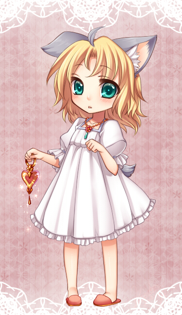:o ahoge animal_ears blonde_hair commentary_request dress eyebrows_visible_through_hair full_body glint green_eyes heart holding jewelry konshin looking_at_viewer multicolored_hair necklace original pigeon-toed pink_background puffy_short_sleeves puffy_sleeves red_footwear short_hair short_sleeves slippers standing tail white_dress
