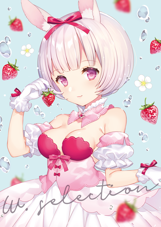 1girl animal_ears bare_shoulders bob_cut bow breasts cleavage closed_mouth commentary_request detached_collar detached_sleeves dress flower food fruit gloves hair_bow looking_at_viewer medium_breasts original puffy_short_sleeves puffy_sleeves rabbit_ears red_bow short_hair short_sleeves silver_hair smile solo strawberry strawberry_blossoms violet_eyes wasabi_(sekai) water_drop white_dress white_flower white_gloves