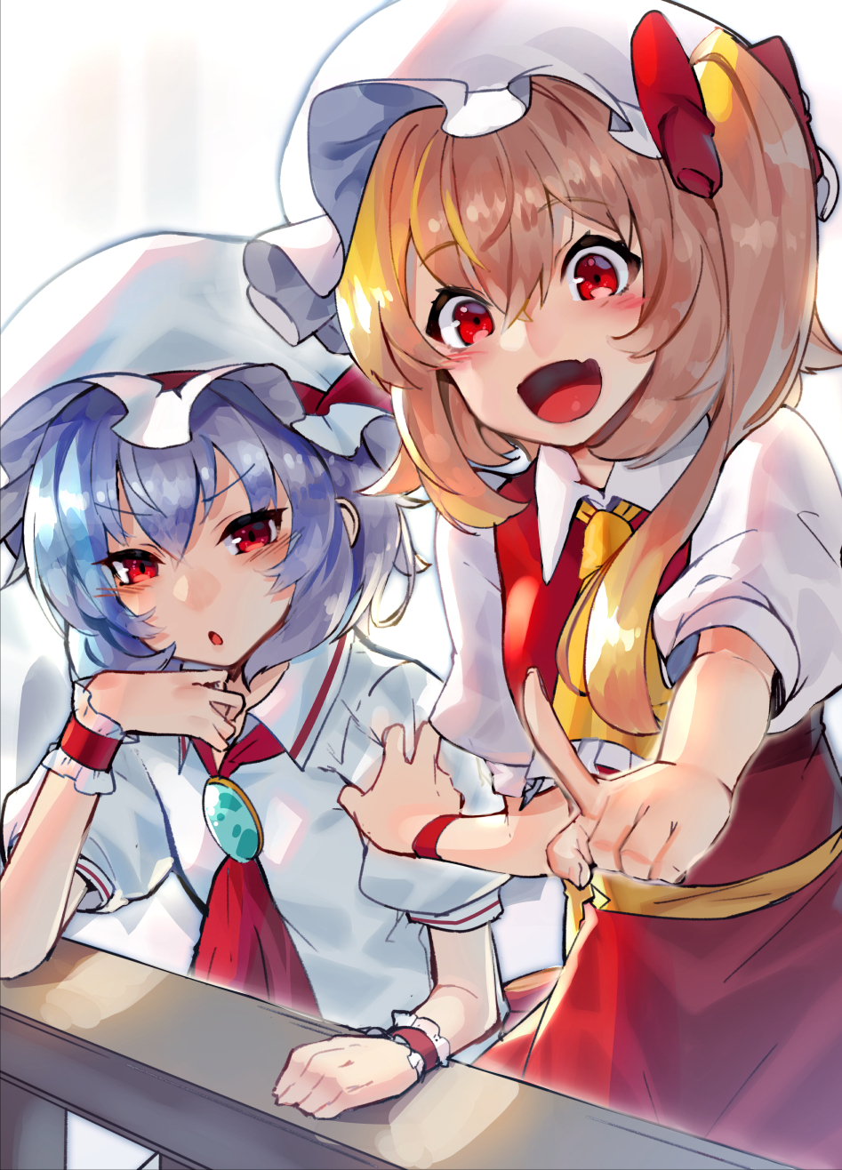 2girls :o ascot blonde_hair blue_hair bow brooch clothes_grab collared_shirt commentary_request fang flandre_scarlet hair_between_eyes hair_bow hand_up hat hat_ribbon highres index_finger_raised jewelry long_hair looking_at_viewer mob_cap multiple_girls open_mouth pointing puffy_short_sleeves puffy_sleeves red_bow red_eyes red_neckwear red_ribbon red_skirt remilia_scarlet ribbon shirt short_hair short_sleeves siblings sisters skirt skirt_set smile sukocchi touhou vest white_hat white_shirt wing_collar wrist_cuffs yellow_neckwear