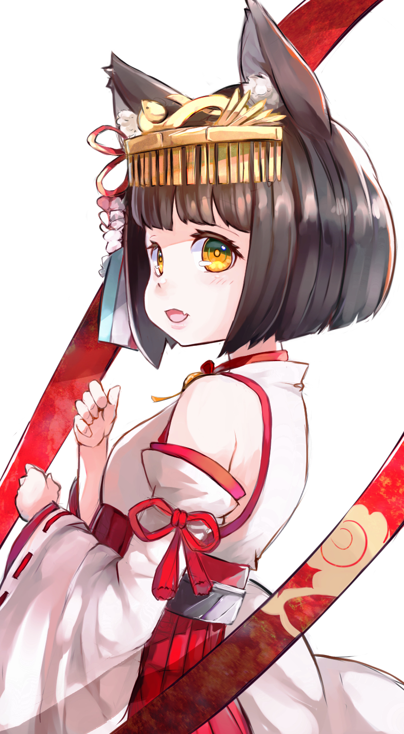 1girl animal_ears azur_lane black_hair brown_eyes detached_sleeves fang fox_ears from_side hair_ornament highres japanese_clothes looking_back miko mutsu_(azur_lane) no_tail nyucha open_mouth red_skirt shirt short_hair skirt smile solo upper_body white_shirt