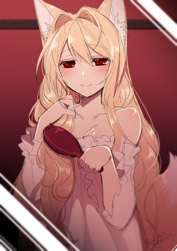 1girl animal_ears babydoll blonde_hair brush commentary_request dated eyebrows_visible_through_hair fox_ears fox_tail hair_between_eyes hair_brushing hair_intakes jewelry konshin long_hair looking_at_viewer mirror off_shoulder original red_eyes ring signature smile solo tail very_long_hair