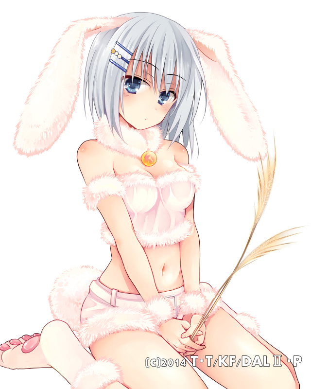 1girl animal_ears arm_strap bangs belt breasts bunny_tail choker cleavage crop_top date_a_live eyebrows_visible_through_hair floating_hair fur_trim hair_between_eyes hair_ornament hairclip head_tilt hibiki_mio holding long_hair looking_at_viewer medium_breasts midriff navel paw_shoes rabbit_ears shoes short_shorts shorts silver_hair simple_background sitting solo stomach strapless tail tobiichi_origami white_background white_footwear white_shorts