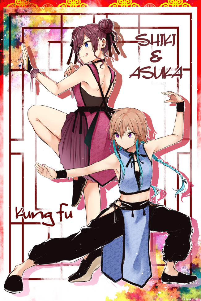 2girls blue_eyes blue_hair braid brown_hair character_name chinese_clothes commentary_request double_bun fighting_stance from_behind full_body ichinose_shiki idolmaster idolmaster_cinderella_girls kung_fu light_brown_hair long_hair looking_away multicolored_hair multiple_girls ninomiya_asuka pants pelvic_curtain sidelocks standing standing_on_one_leg stomach tarachine twin_braids two-tone_hair violet_eyes wristband