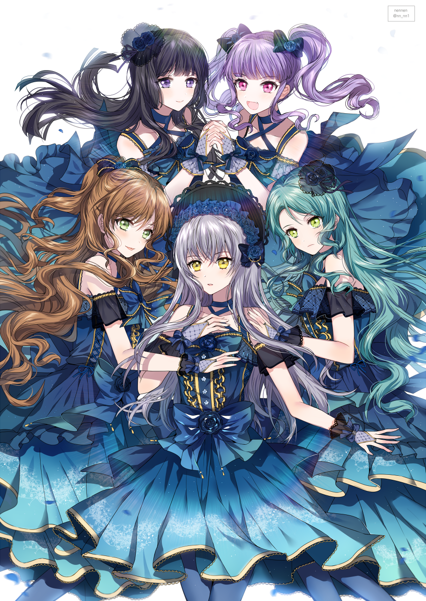 5girls aqua_hair artist_name bang_dream! bangs black_hair blue_choker blue_dress blue_eyes blue_flower blue_legwear blue_neckwear blue_rose bonnet bow bowtie bridal_gauntlets brown_hair center_frills choker criss-cross_halter curly_hair detached_sleeves dress flower green_eyes grey_hair hair_flower hair_ornament half_updo halterneck hand_holding hand_on_another's_shoulder hand_on_own_chest highres hikawa_sayo hime_cut imai_lisa long_hair looking_at_viewer minato_yukina multiple_girls nennen pantyhose parted_lips petals pink_hair purple_hair rose roselia_(bang_dream!) sash shirokane_rinko short_sleeves sidelocks twintails twitter_username udagawa_ako violet_eyes wrist_bow yellow_eyes