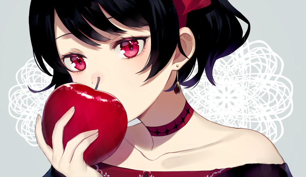 1girl achiki apple bangs bare_shoulders black_hair blush choker close-up commentary_request covering_mouth face food fruit holding jewelry looking_at_viewer original red_apple red_eyes short_hair simple_background single_earring solo