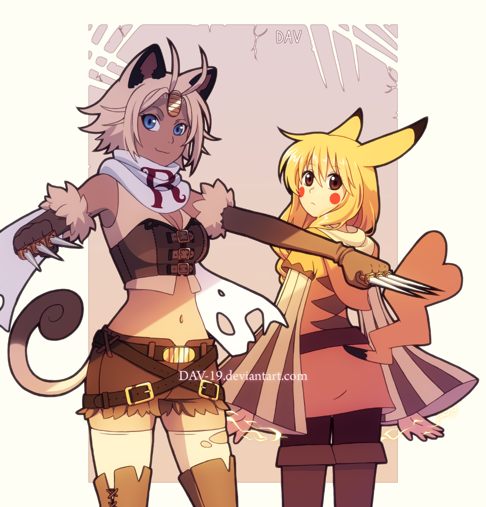 2girls animal_ears antenna_hair bangs belt blonde_hair blue_eyes boots breasts brown_eyes brown_footwear brown_gloves brown_shorts buckle cat_ears cat_tail cleavage closed_mouth coin cowboy_shot dav-19 dress expressionless gen_1_pokemon gloves grey_background hair_between_eyes knee_boots koban long_hair long_sleeves looking_at_viewer medium_breasts meowth midriff multiple_girls navel outstretched_arm pantyhose parted_bangs personification pikachu pikachu_ears pikachu_tail pokemon pokemon_tail scarf short_hair short_shorts shorts signature single_letter smile spikes standing striped_sleeves tail watermark web_address white_scarf