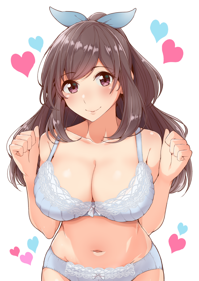 1girl bangs blue_bra blue_panties blush bra breasts brown_hair cleavage commentary_request eyebrows_visible_through_hair hair_ribbon heart idolmaster idolmaster_shiny_colors lace lace-trimmed_bra large_breasts long_hair looking_at_viewer navel panties ponytail smile solo tsukioka_kogane tyranu underwear underwear_only violet_eyes