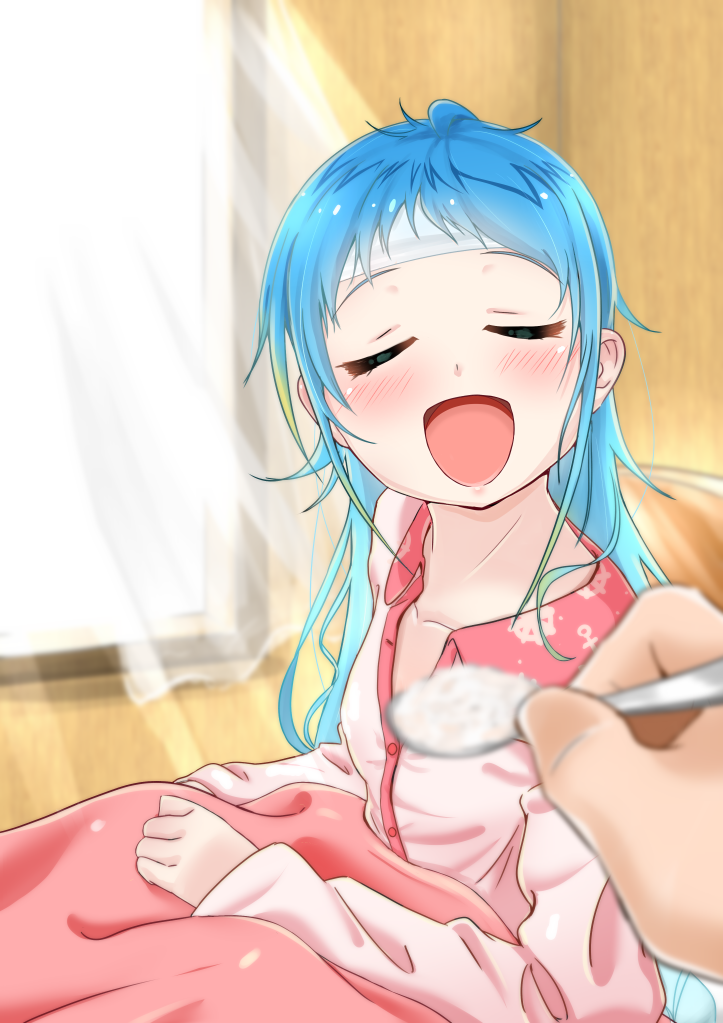1girl blue_hair blush closed_eyes commentary_request eyebrows_visible_through_hair hair_between_eyes holding holding_spoon indoors kantai_collection long_hair looking_at_viewer messy_hair night_clothes open_mouth pink_clothes samidare_(kantai_collection) sitting spoon under_covers yokoshima_(euphoria)