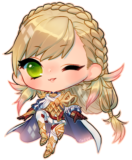 1girl armor blonde_hair blush braid cape chibi fire_emblem fire_emblem_heroes gloves green_eyes long_hair looking_at_viewer onisuu open_mouth sharena simple_background smile solo white_background