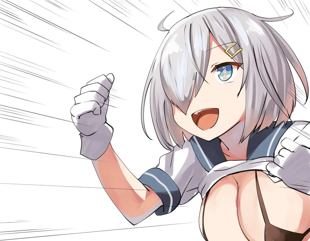 1girl ahoge bangs bikini bikini_top black_bikini blue_eyes blush breasts cleavage emphasis_lines eyebrows_visible_through_hair gloves grey_hair hair_ornament hair_over_one_eye hairclip hamakaze_(kantai_collection) kantai_collection large_breasts lifted_by_self lolicept open_mouth school_uniform serafuku shirt_lift short_hair short_sleeves smile solo swimsuit text_in_eyes thumbs_up white_gloves