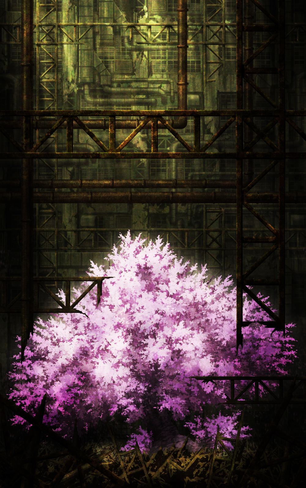 aoha_(twintail) cherry_blossoms commentary_request highres light_rays no_humans original pipes ruins rust scenery tree