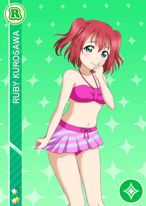 bikini blush character_name green_eyes kurosawa_ruby love_live!_school_idol_festival love_live!_sunshine!! pink_hair short_hair smile