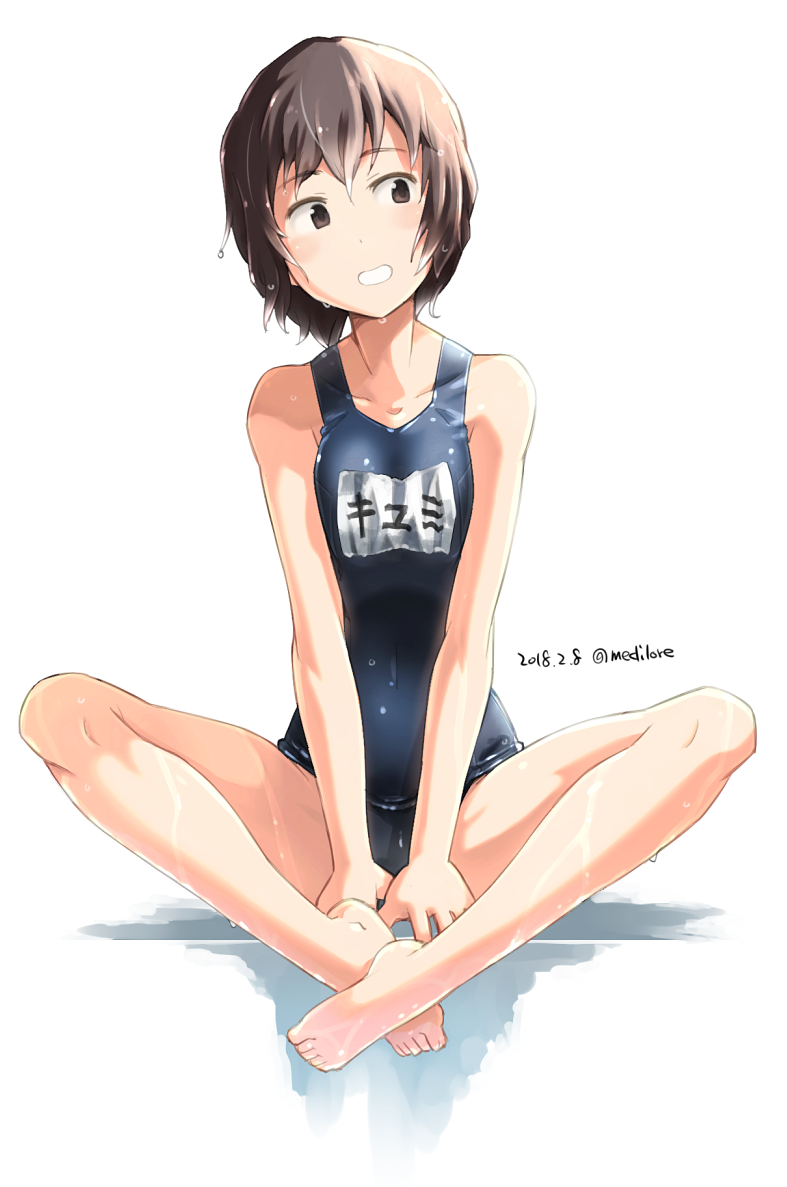1girl barefoot black_hair blue_swimsuit brown_eyes dated indian_style kantai_collection looking_to_the_side miyuki_(kantai_collection) name_tag sakura_(medilore) school_swimsuit short_hair simple_background sitting solo swimsuit twitter_username wet wet_clothes wet_hair wet_swimsuit white_background