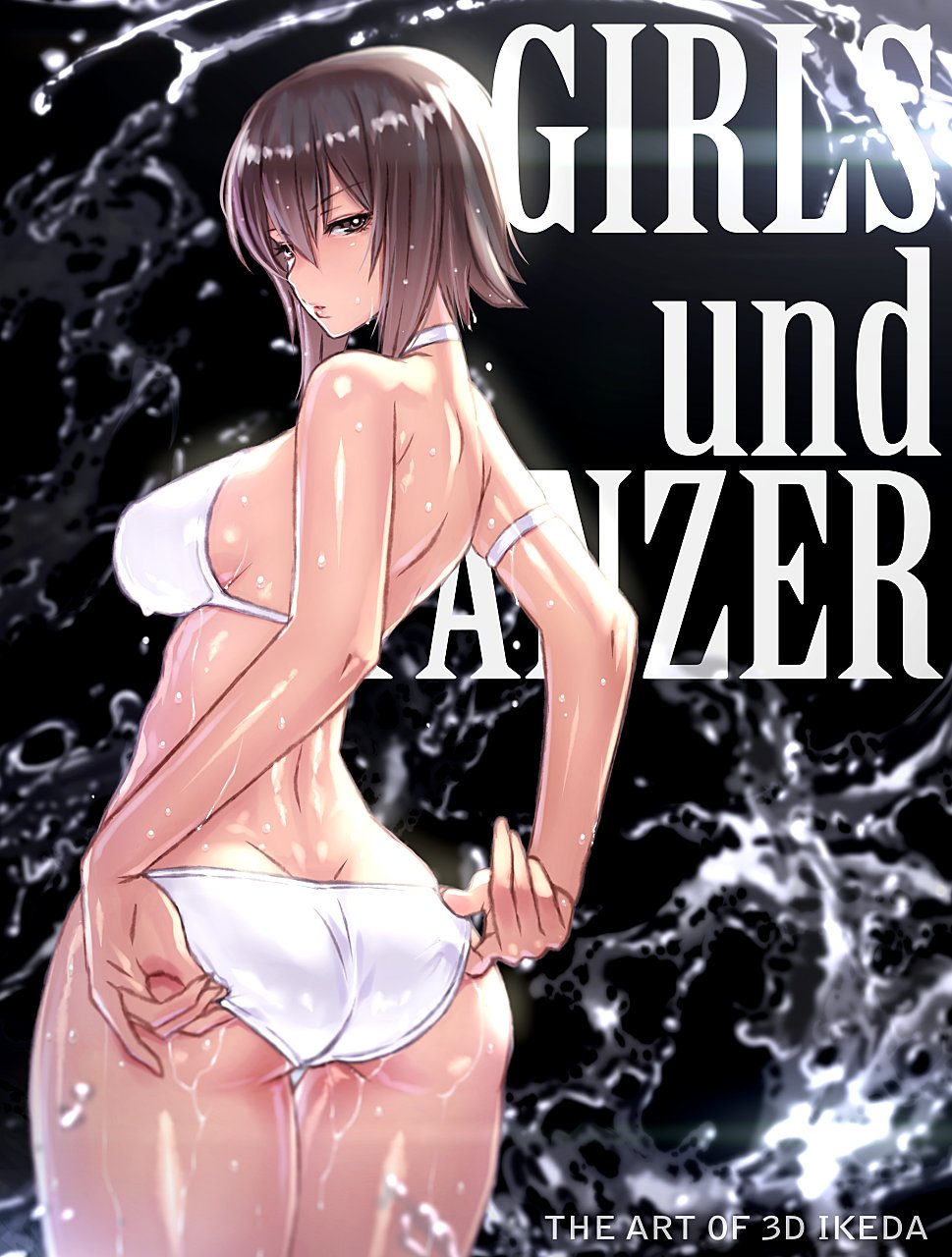 1girl adjusting_clothes adjusting_swimsuit armlet ass back bangs bikini breasts brown_eyes brown_hair butt_crack choker commentary_request copyright_name cowboy_shot droplet eyebrows_visible_through_hair from_behind girls_und_panzer gluteal_fold highres ikeda_(hayato) large_breasts looking_at_viewer looking_back nishizumi_maho parted_lips short_hair sideboob solo splashing standing swimsuit thigh_gap water wet wet_clothes wet_hair wet_swimsuit white_bikini white_choker